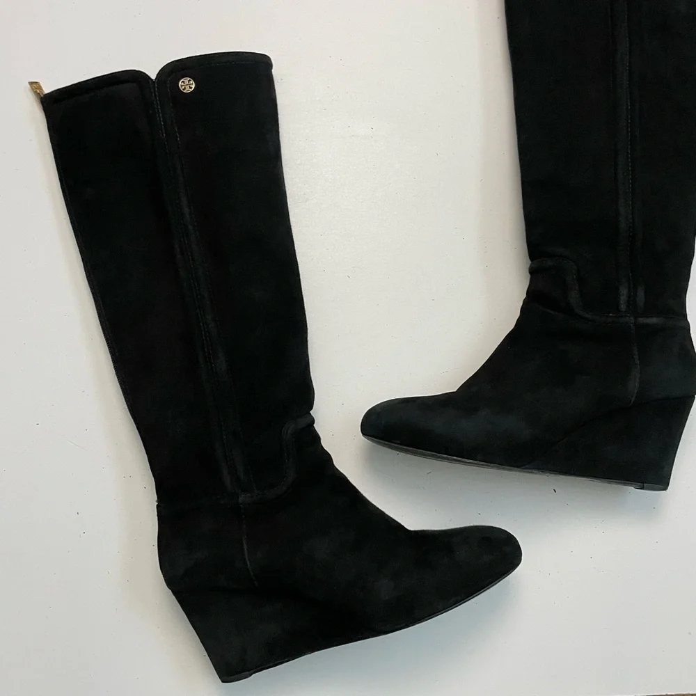 Tory Burch Boots Irene Wedge Tall Softy Suede Leather Logo Black